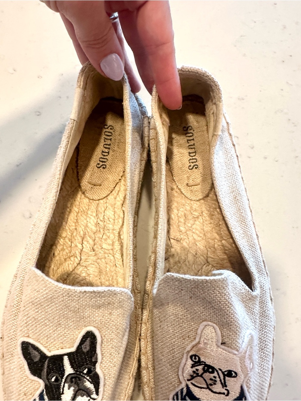 Soludos “Teddy and Gigi” French Bulldog Canvas Flat Espadrilles Size 8 Like New - Picture 3 of 5